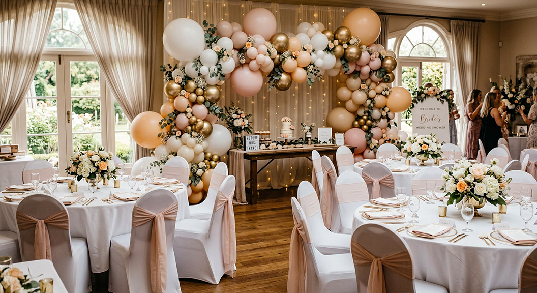 Wedding shower backdrop and table styling