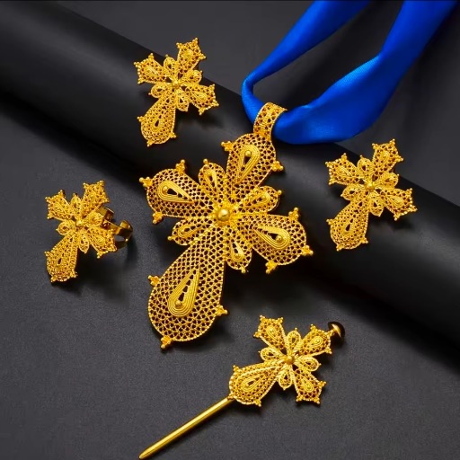 Ethiopian Filigree Cross Jewelry Set - Pendant, Earrings & Ring