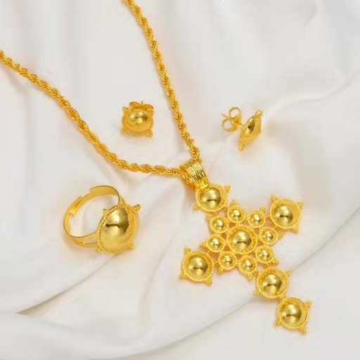 14K Gold Ethiopian Jewelry Set - Necklace, Earrings & Ring