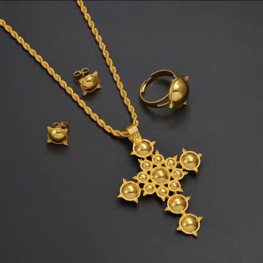 14K Gold Ethiopian Jewelry Set - Necklace, Earrings & Ring