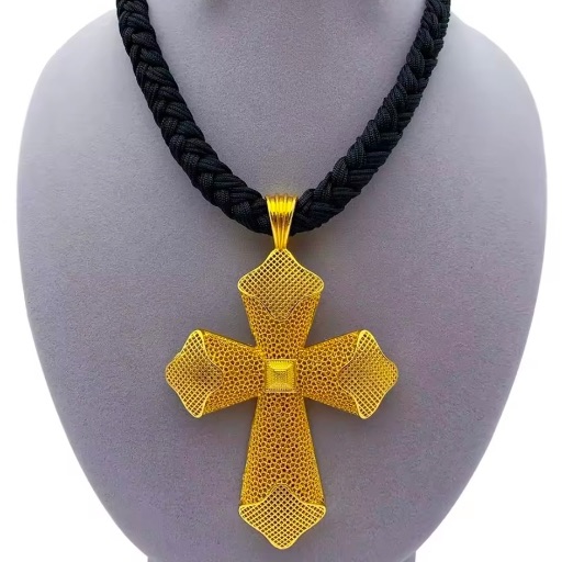 Gold Ethiopian Eritrean Cross Pendant Necklace Black Rope Chain for Men Women