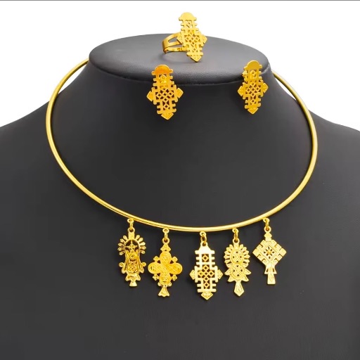 Ethiopian Habesha Jewelry Set Gold Cross Necklace Earrings Ring Traditional Set