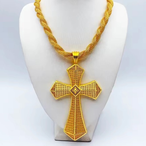 Ethiopian Coptic Cross Gold Pendant Necklace - Rope Chain