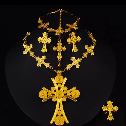Ethiopian Gold-Plated Habesha Cross Jewelry Set with Pendant Necklace and Earrings